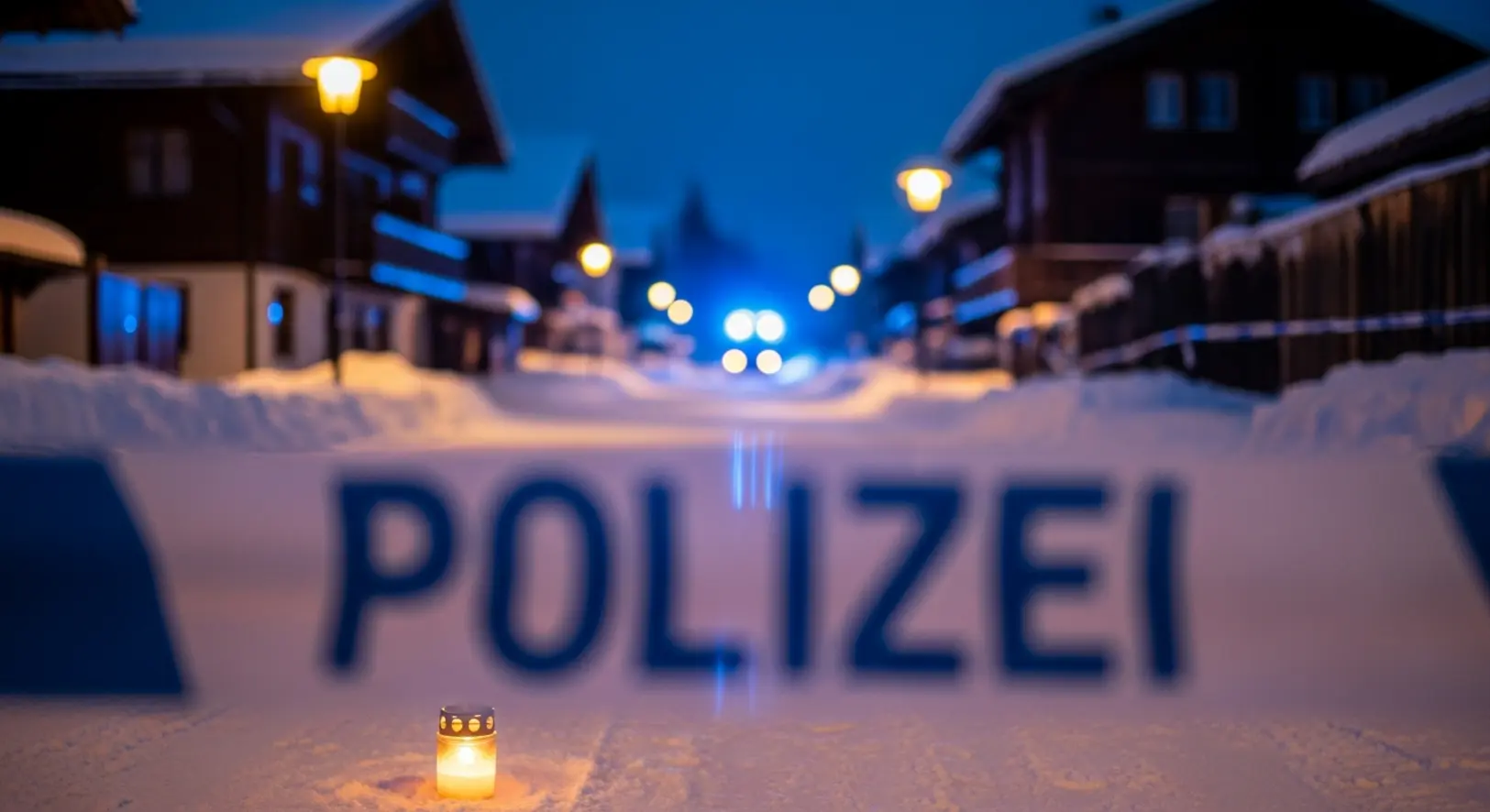 Éjszakai felvétel egy svájci síparadicsom utcájáról, rendőrségi szalaggal és a hóban tükröződő kék villogó fényekkel, előtérben egy gyertyával.