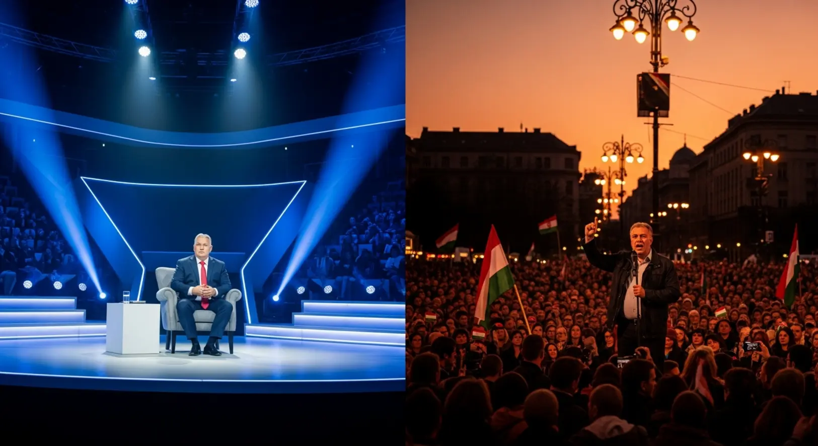 Bal oldalon Orbán Viktor a Pick Arénában, jobb oldalon Magyar Péter a szegedi Széchenyi téren tart beszédet 2025. december 20-án.