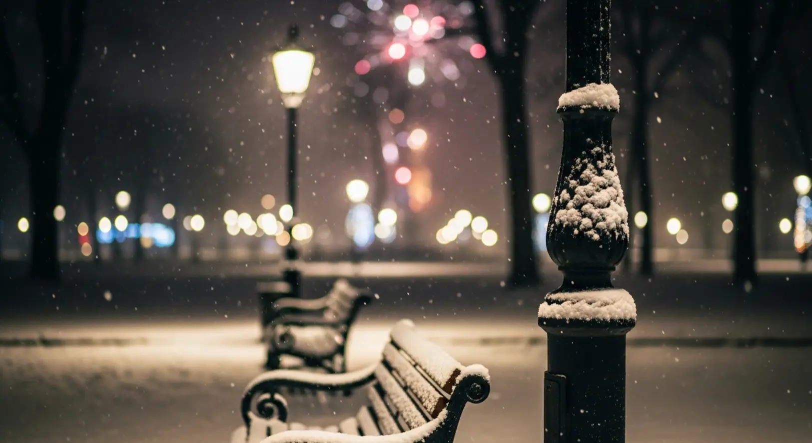 Éjszakai utcai lámpa és pad friss hólepel alatt, háttérben elmosódott szilveszteri városi fényekkel és tűzijáték színeivel.