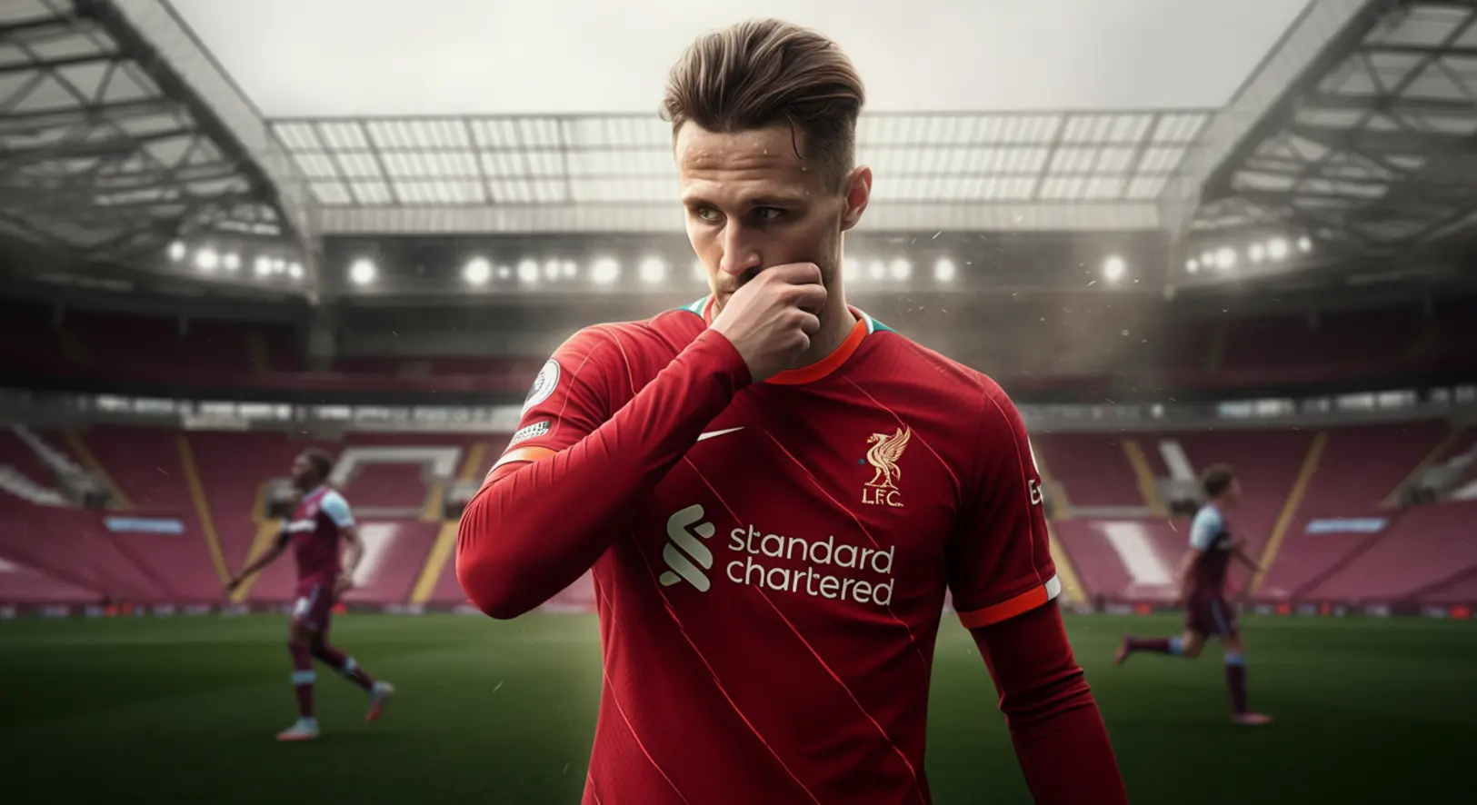 Szoboszlai Dominik a Liverpool mezében a London Stadion gyepén a West Ham elleni meccs előtt.
