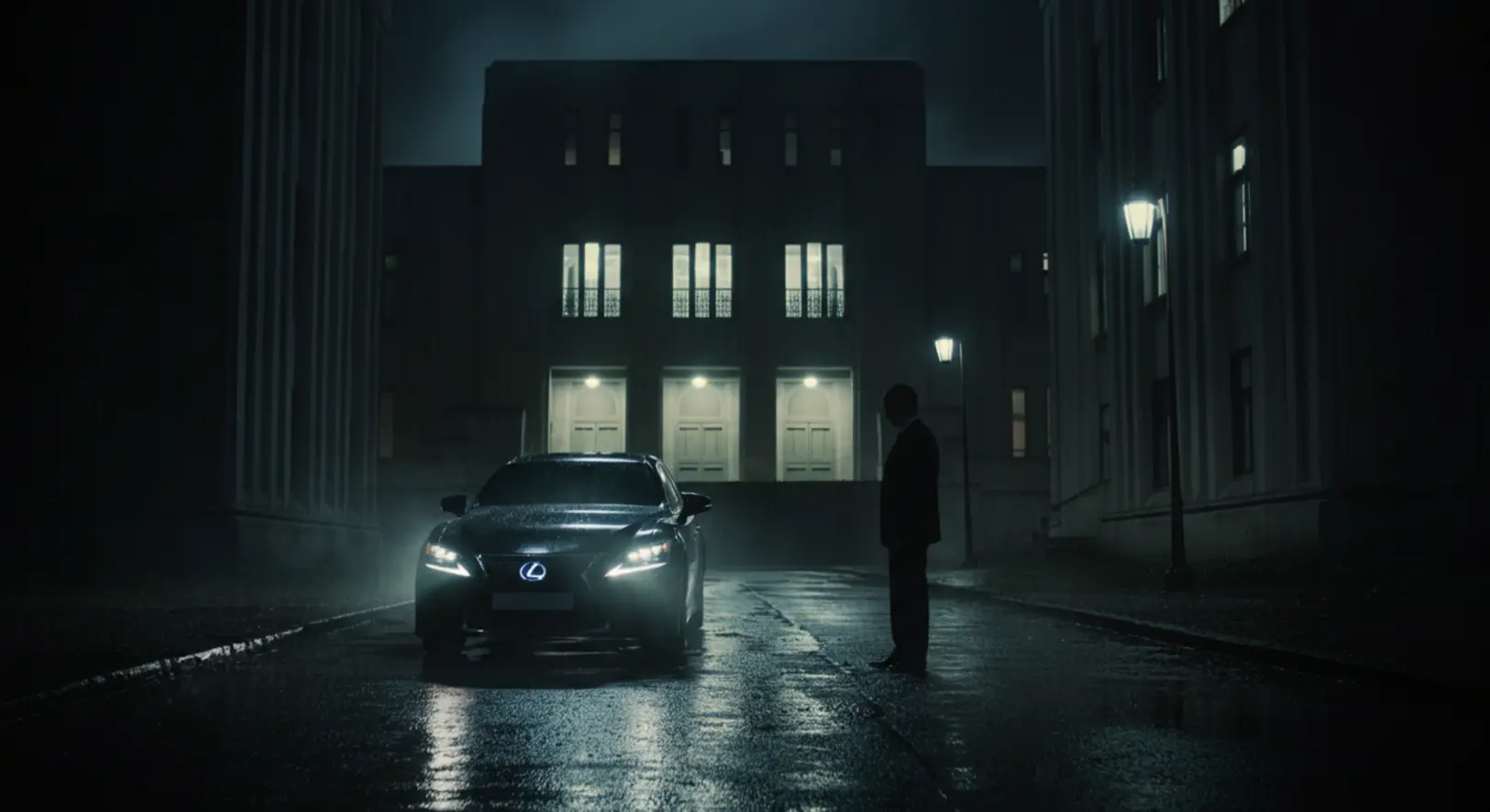 Sötét, esős utca egy javítóintézet előtt, előtérben egy fekete luxusautó és egy férfi sziluettje