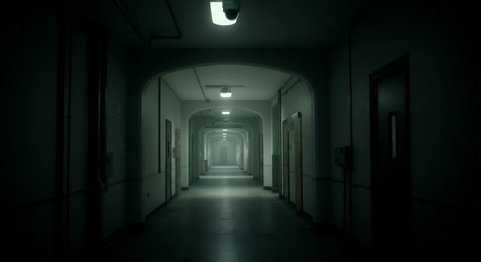 Szimbolikus kép a Szőlő utcai botrányról: egy sötét intézményi folyosó, a mennyezeten egy biztonsági kamera.
