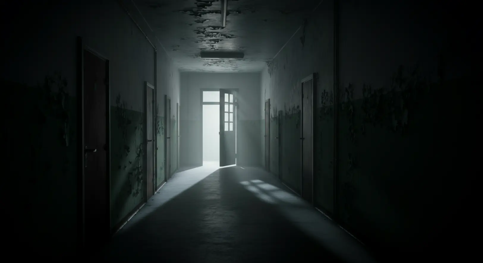 Sötét, elhagyatott intézeti folyosó, amely a Szőlő utcai javítóintézetben feltárt rejtett borzalmakat és a rendszerszintű problémákat szimbolizálja.