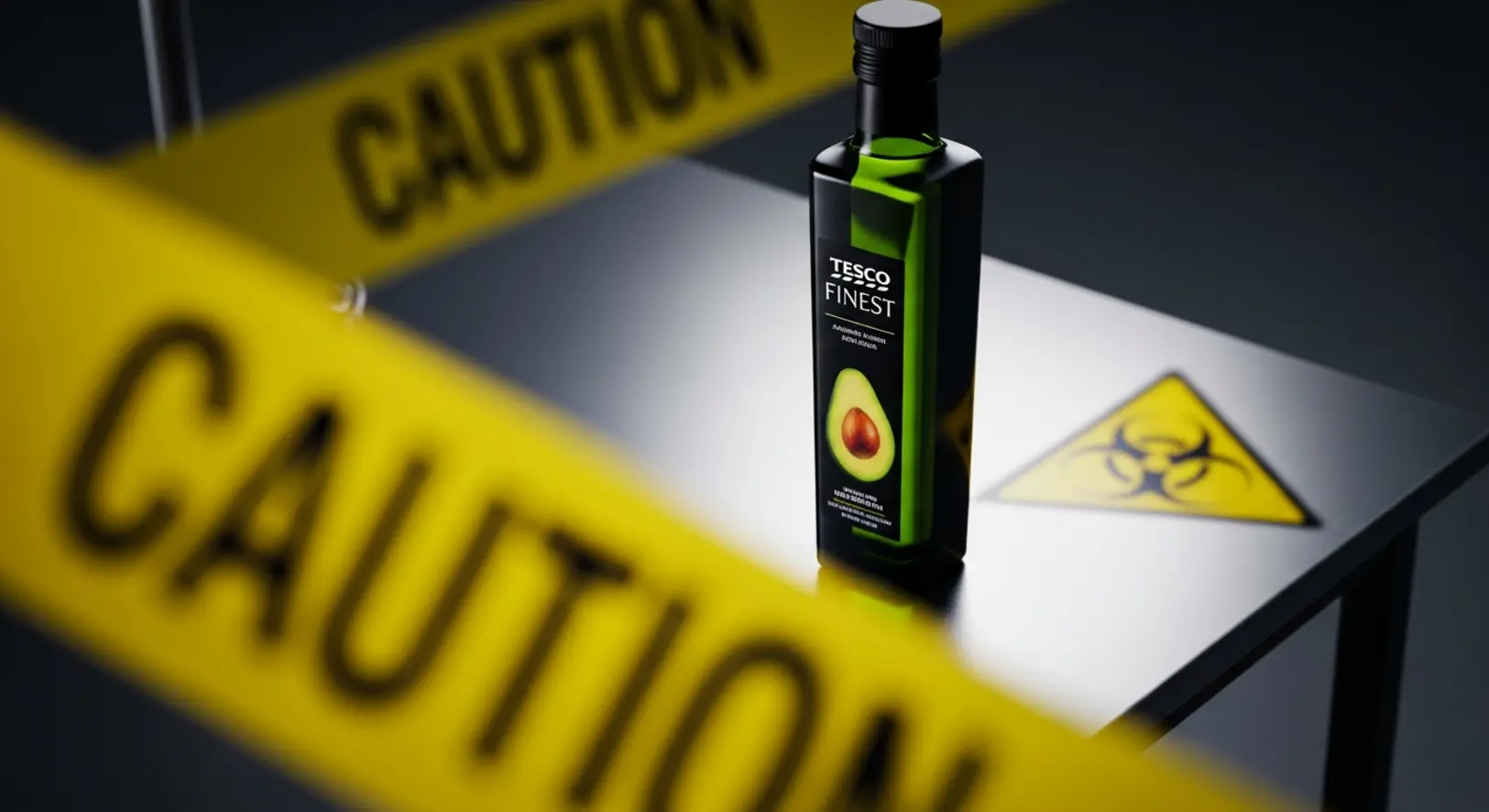 Egy sötét üvegű Tesco Finest avokádóolaj palack egy fémes laboratóriumi asztalon, drámai megvilágításban, az előtérben elmosódott sárga figyelmeztető jelzéssel.