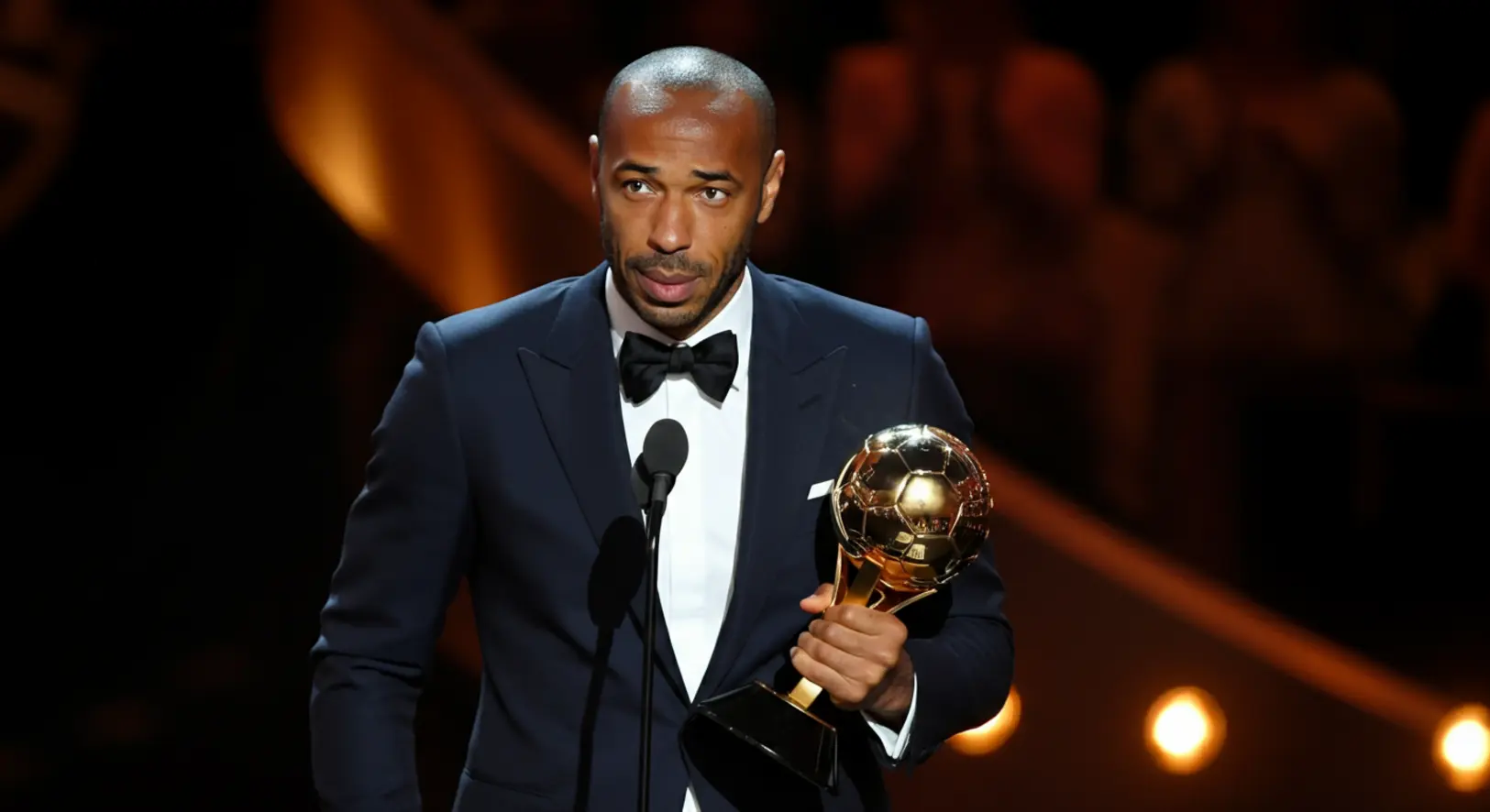 Thierry Henry átveszi a BBC életműdíját 2025-ben, elegáns szmokingban, kezében a trófeával.