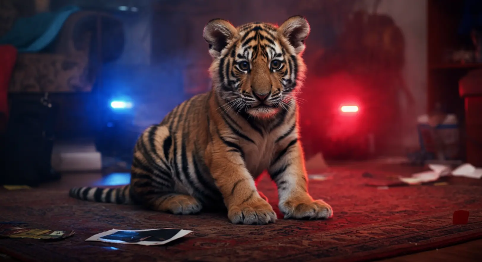 Egy kis tigriskölyök ül egy nappaliban, háttérben rendőrségi fények