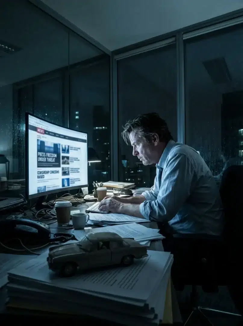 Stresszes szerkesztő a számítógép előtt, autós magazin környezetben