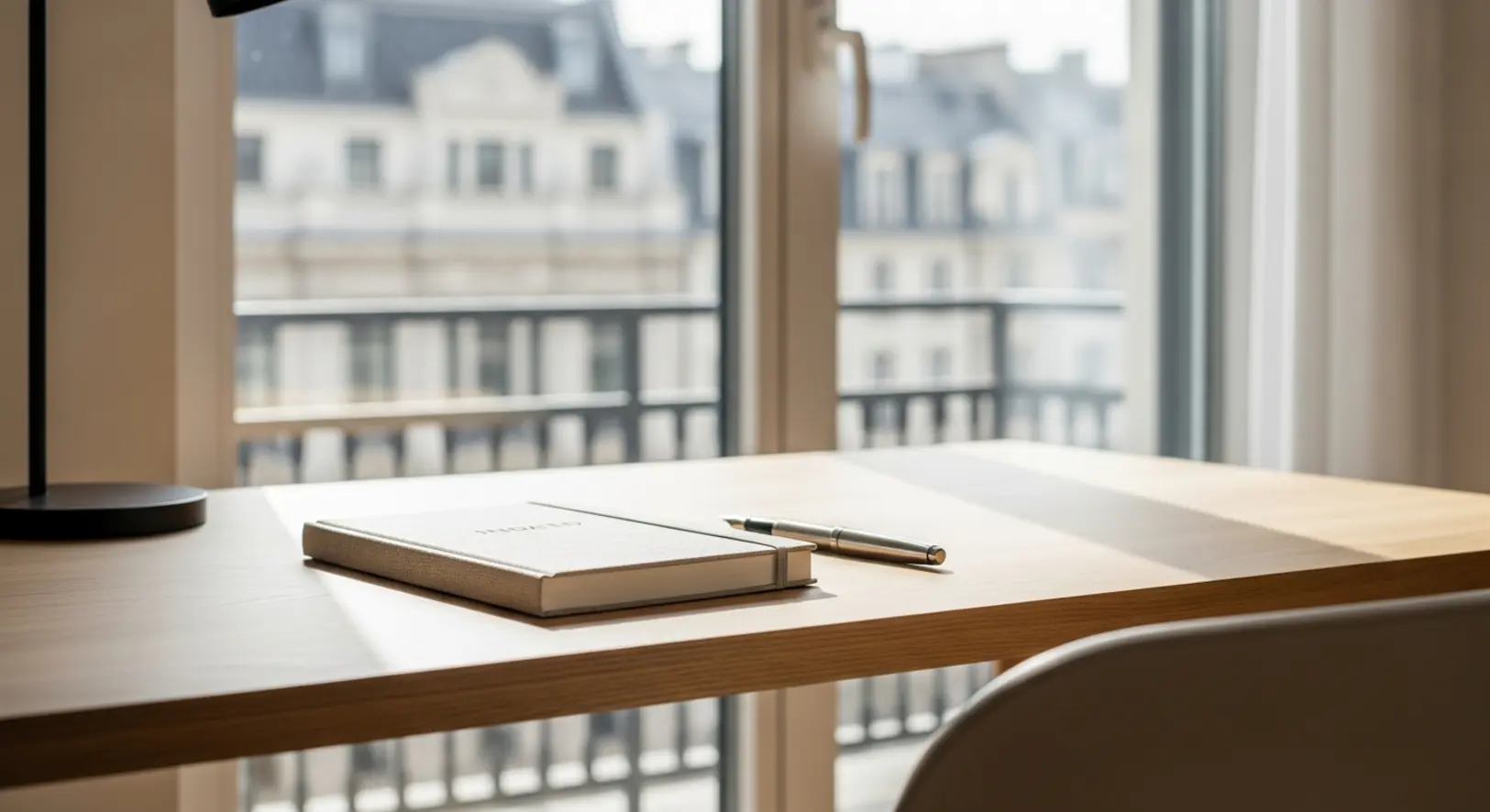 Egy elegáns, modern íróasztal természetes fénnyel megvilágítva, rajta zárt jegyzetfüzet és töltőtoll, a háttérben elmosódott európai nagyváros látképe.
