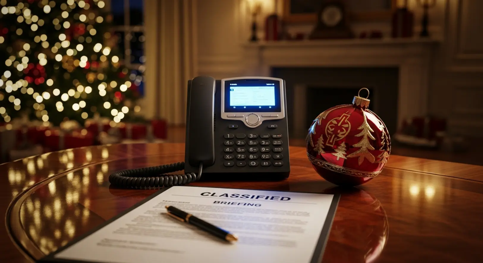Egy biztonsági telefon és egy 'CLASSIFIED' feliratú dokumentum egy karácsonyi dísz mellett a Mar-a-Lago asztalán, meleg ünnepi fényekkel a háttérben.