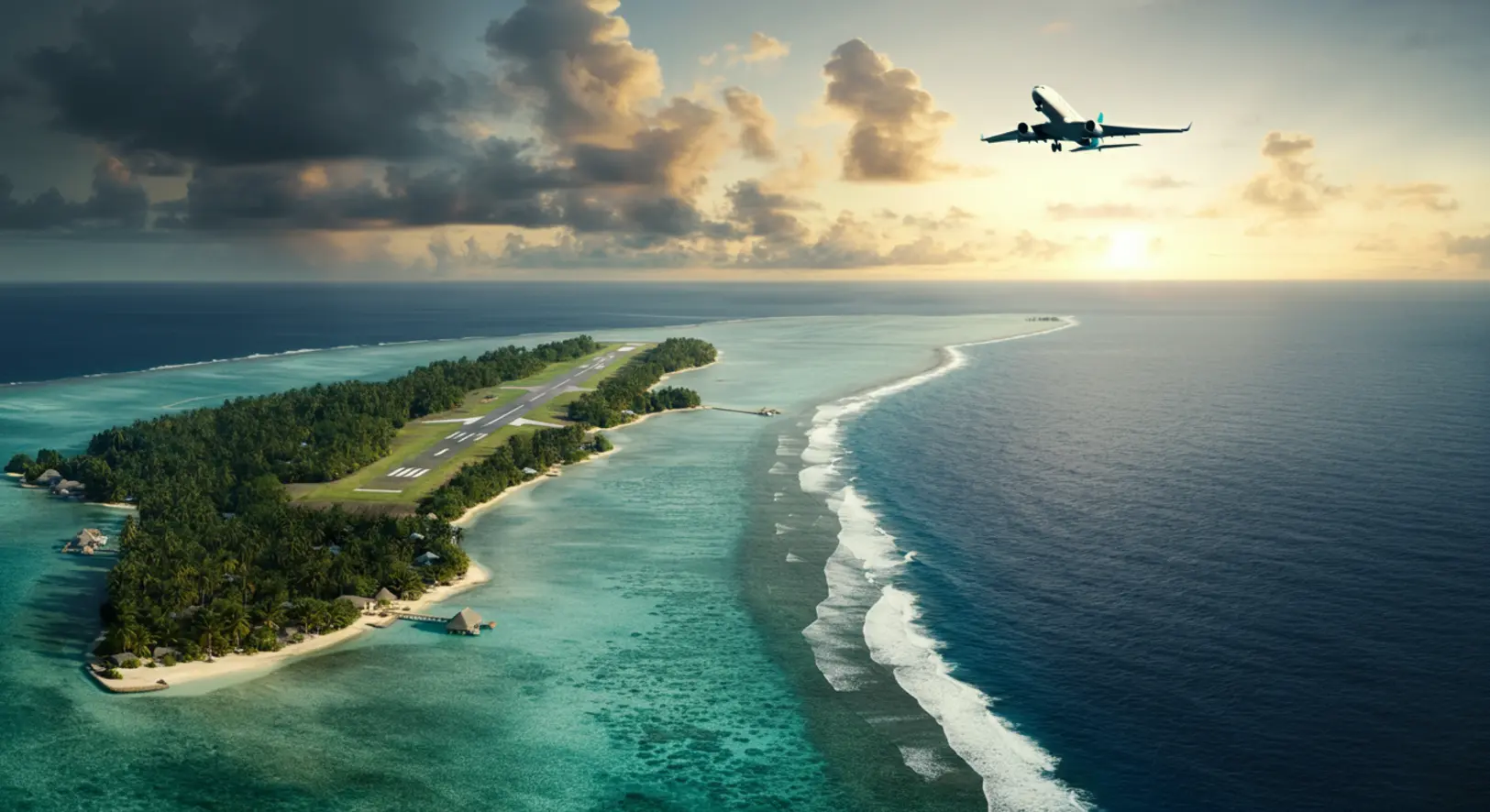 Keskeny tuvalui korallatoll részben víz alatt, a háttérben felszálló repülőgép