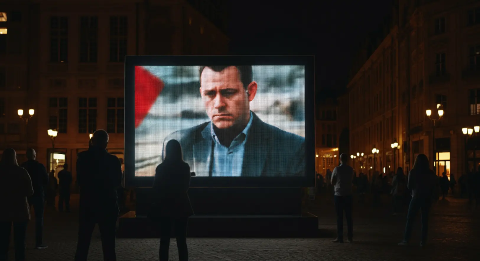 LED fal a Nyugati téren, rajta a Szőlő utcai ügy felvételei, háttérben járókelők