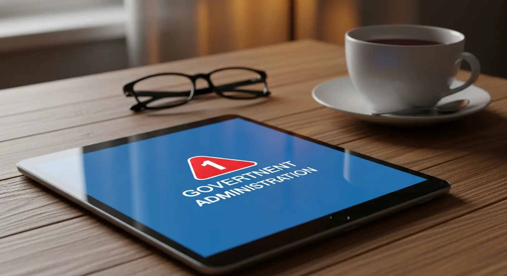 Egy modern tablet egy fa asztalon, mellette olvasószemüveg és teáscsésze, a képernyőn hivatalos értesítés ikonja látható piros jelzéssel.