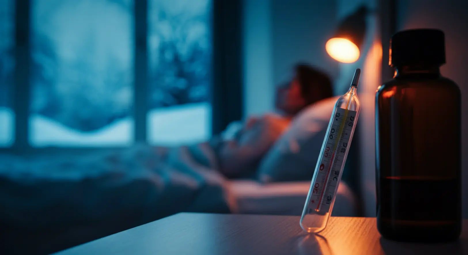 Lázmérő magas hőmérsékletet mutat, háttérben beteg ember az ágyban, influenza tünetek illusztráció