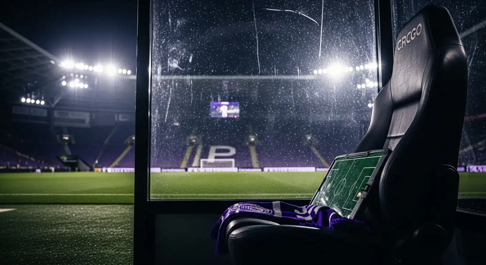 Üres edzői szék egy futballstadion kispadján lila és fehér hangulatvilágításban, esőcseppekkel az üvegen, taktikai táblával és sállal az ülésen.