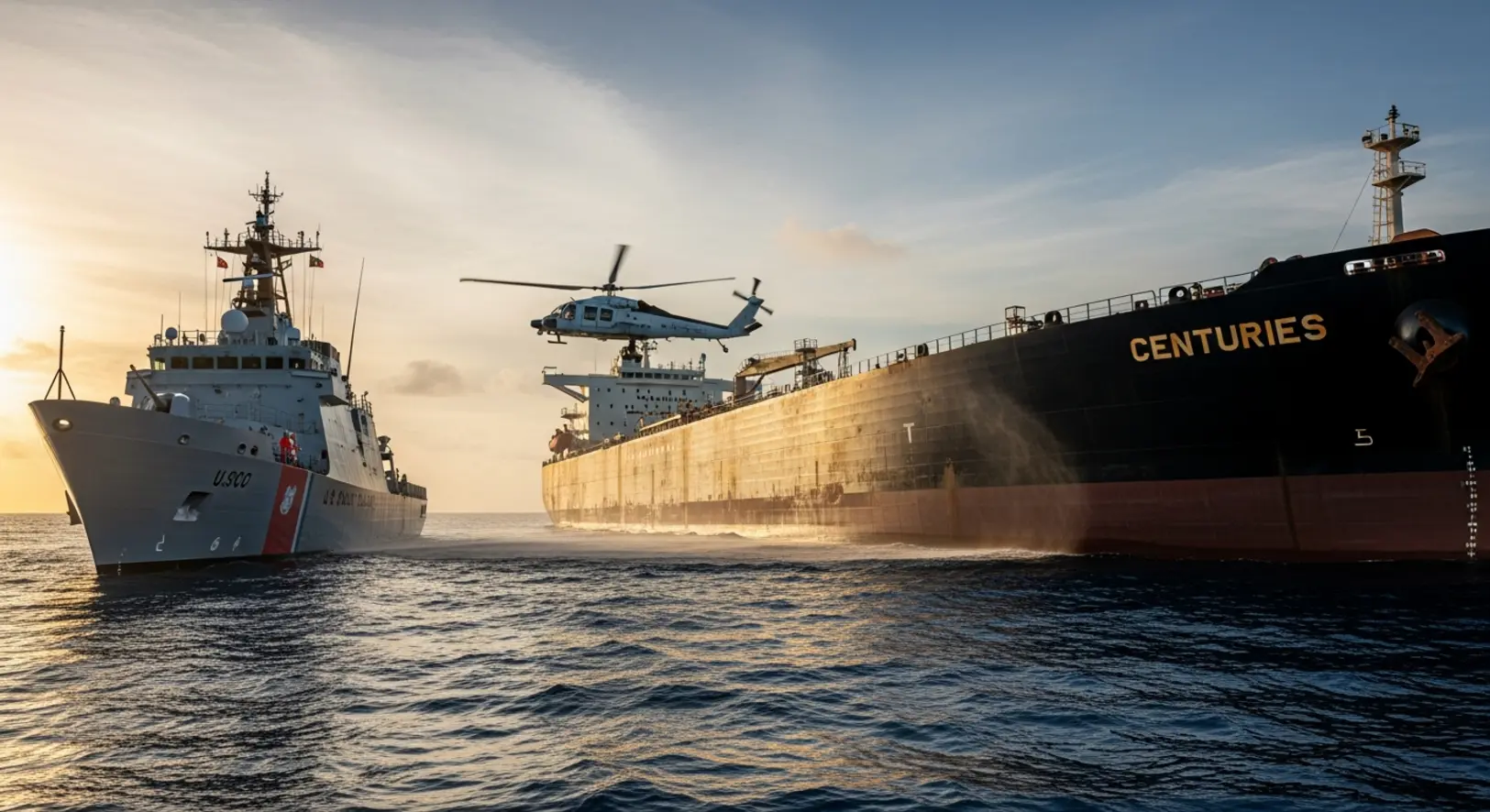 Az amerikai parti őrség hajója megközelíti a Centuries nevű venezuelai olajtankert a Karib-tengeren hajnalban.