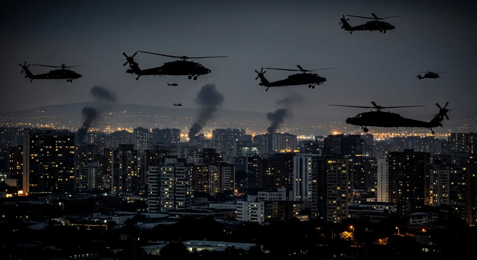 Éjszakai látkép Caracasról, a város felett katonai helikopterek sziluettjei láthatók sötét, drámai megvilágításban, részleges áramszünettel.