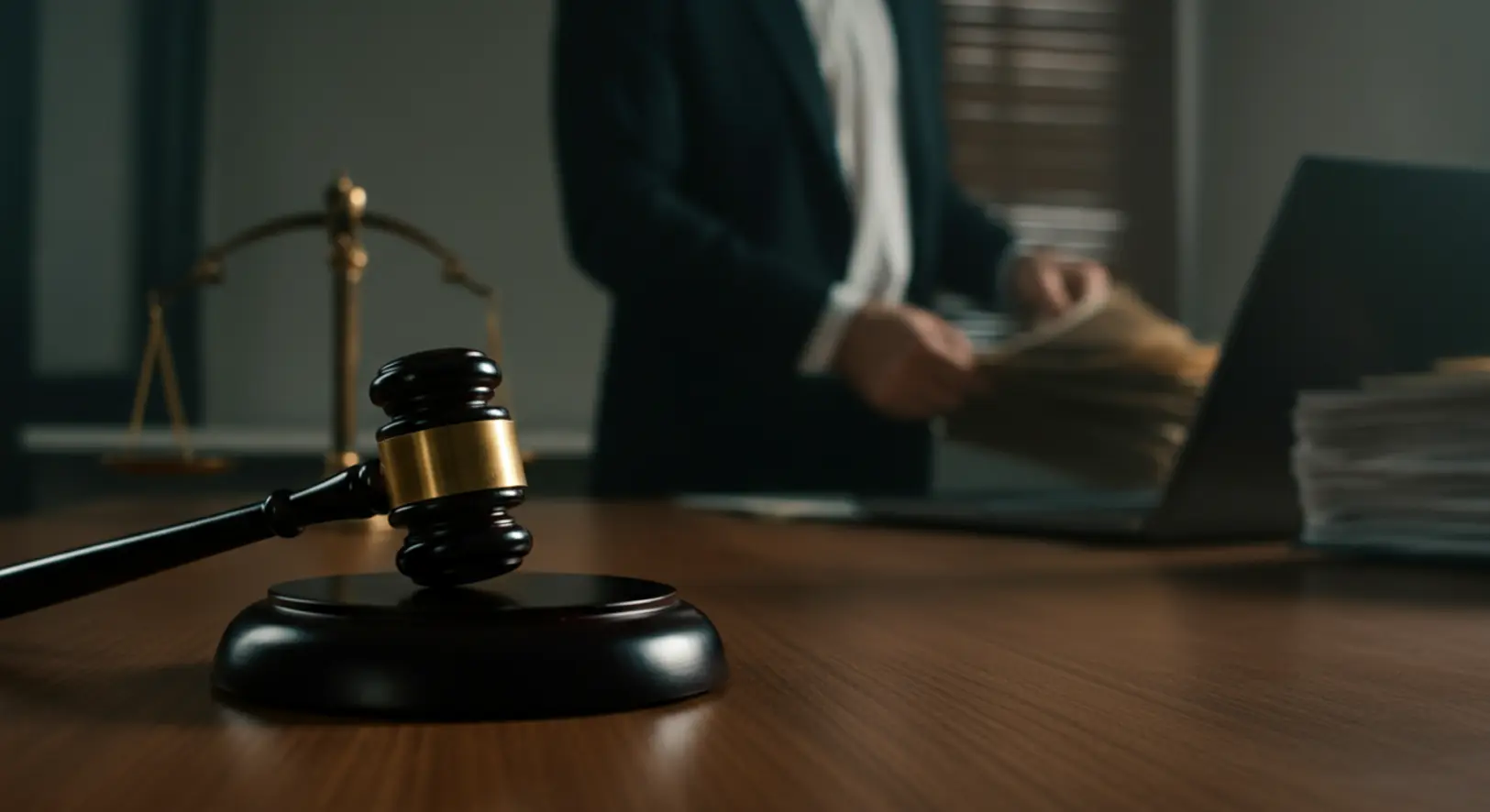 Ügyvédi asztal jogi iratokkal és kalapáccsal, háttérben egy öltönyös alakkal