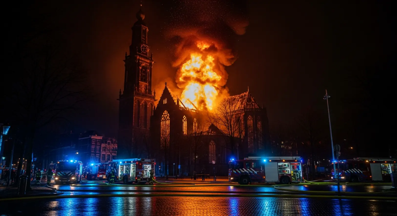 Éjszakai felvétel az amszterdami Vondelkerk templomról, melynek tornya lángokban áll, sűrű füst és narancssárga parázs száll az ég felé, előtérben tűzoltóautók kék fényei tükröződnek a nedves macskaköveken.