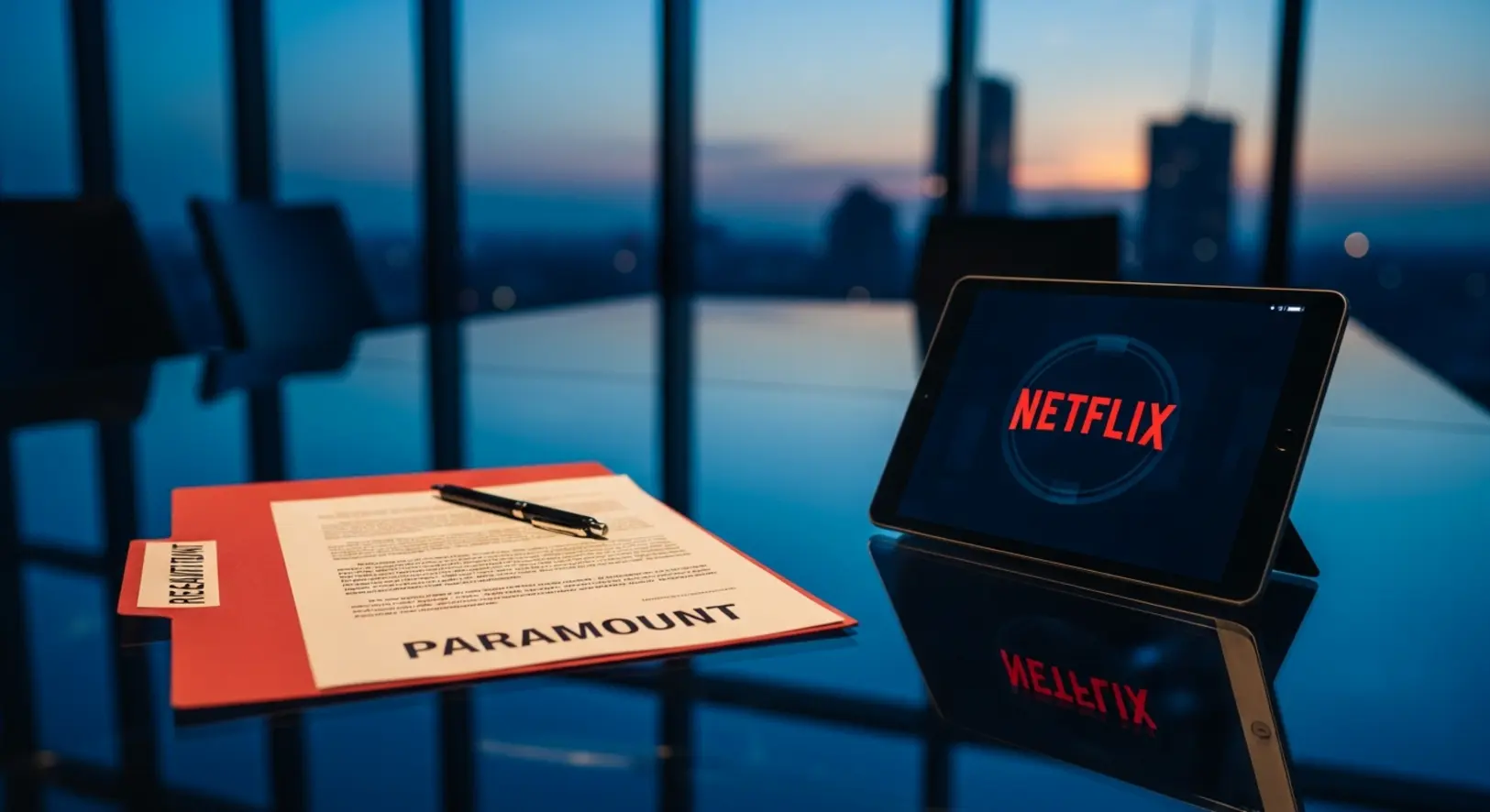 Egy modern tárgyalóasztal üveglappal, rajta egy elutasított Paramount feliratú mappa és egy Netflix logót mutató tablet, háttérben esti városkép.