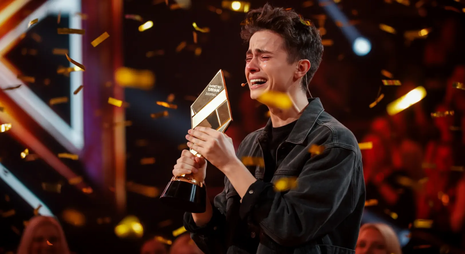 Belano, a 2025-ös X-Faktor győztese a döntő utáni pillanatokban a színpadon